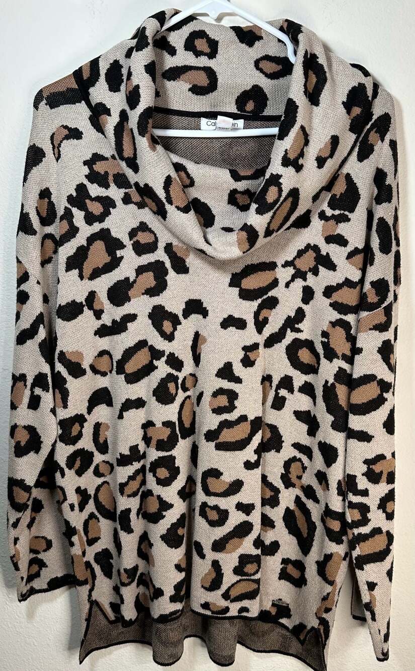 Calvin Klein Leopard Print Cowl Neck Sweater Size L